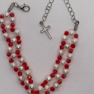 Red and White Beaded Necklace with Cross Pendant